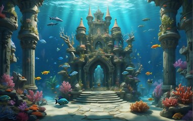 Fototapeta na wymiar an underwater castle with a throne guarded by dragons, filled with fighting fishman warriors