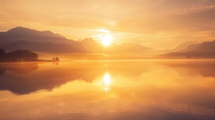 Fototapeta premium Sunrise Glowing Over Misty Mountain Lake, Soft Focus