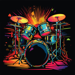 Stylized drum kit graphic over black flat vector 