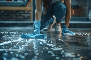 Cropped picture of a woman kneeling and cleaning floor with spray and rag.