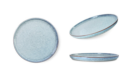 Empty ceramic plate isolated on white, set with different views