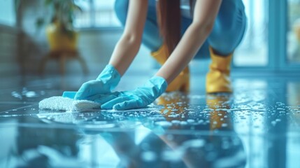 Cropped picture of a woman kneeling and cleaning floor with spray and rag. - obrazy, fototapety, plakaty