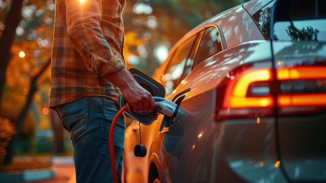 Closeup man recharge electric car's battery from charging station in outdoor green city park in springtime. Rechargeable EV car for sustainable environmental friendly urban travel lifestyle. Expedient