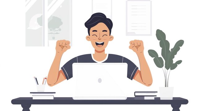 Call center, man and cheers at laptop for success, CRM bonus and winning promotion in coworking agency. Happy asian salesman celebrate achievement of deal, telemarketing profit and fist at computer