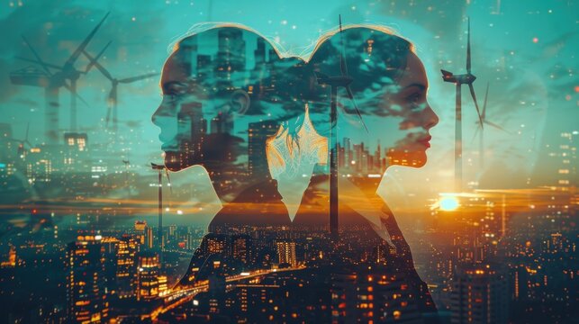 Double exposure graphic of business people working over wind turbine farm and green renewable energy worker interface. Concept of sustainability development by alternative energy. uds