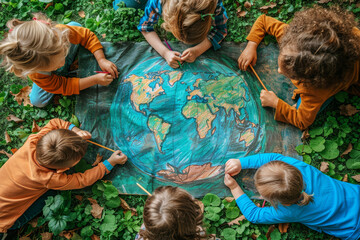 Fototapeta na wymiar Children engage with a chalk-drawn earth, highlighting education and environmental awareness. AI Generative.