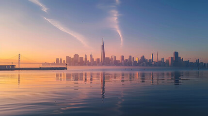 Fototapeta premium A tranquil dawn reflects a San Francisco skyline in mirror-like waters, exuding early morning peace. AI Generative.