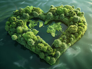 A vivid heart-shaped island with a green map blending the art of nature and cartography. Earth Day...