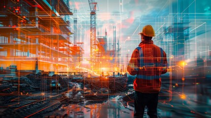 A construction engineer stands before a transformative industrial landscape with holographic projections. Panoramic image with copy space.  AI Generative.
