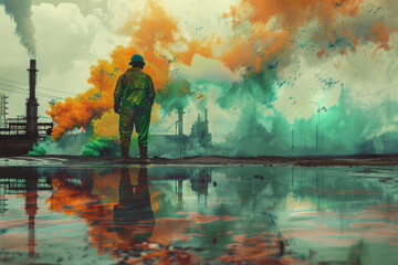 Surreal scene of a worker in protective gear against a backdrop of colorful industrial smoke. AI Generative. - obrazy, fototapety, plakaty