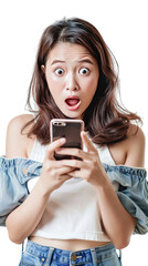 woman shock when check handphone
