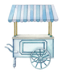 Hand-painted watercolor ice cream blue cart, Fresh farmer market cart illustration © Fefelova Yana