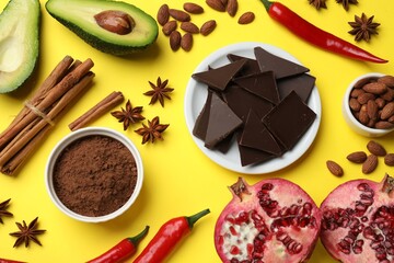 Natural aphrodisiac. Different products on yellow background, flat lay