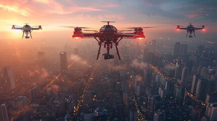 In the fading light of dusk, drones survey a sprawling cityscape veiled in mist, hinting at the intersection of technology and urban life.