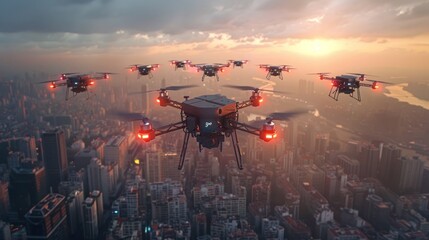 In the fading light of dusk, drones survey a sprawling cityscape veiled in mist, hinting at the intersection of technology and urban life.