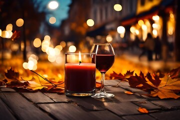 street caffee candle light and glass wine on table and yellow leaves fall evening city lifestyle