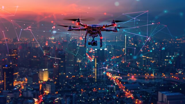 In the fading light of dusk, drones survey a sprawling cityscape veiled in mist, hinting at the intersection of technology and urban life.