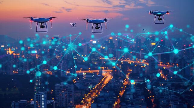 In the fading light of dusk, drones survey a sprawling cityscape veiled in mist, hinting at the intersection of technology and urban life.