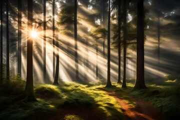 sun beams in morning forest