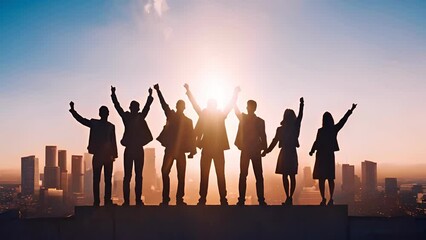 Silhouette of business team stand and feel happy on the most hight at stand on sunset, success, leader, teamwork, target, Aim, confident, achievement, goal, on plan, finish