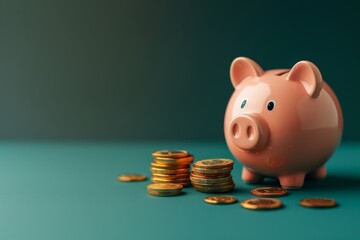pink piggy bank and a few gold coins on pastel dark green background, saving concept