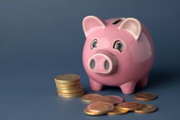 pink piggy bank and a few gold coins on pastel dark green background, saving concept