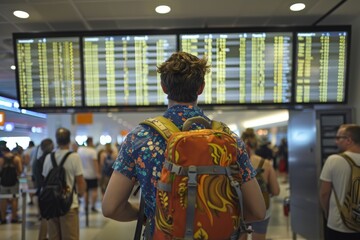 Confused traveler looking at flight information board in a crowded airport terminal, travel trip - obrazy, fototapety, plakaty