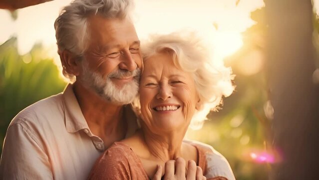couple of older people are smiling and hugging each other. The man is wearing a white shirt and the woman is wearing a pink shirt. Scene is happy and loving