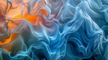 Abstract fluid shapes and forms in blue and orange smoke layers, mystical intangible world exploration - obrazy, fototapety, plakaty