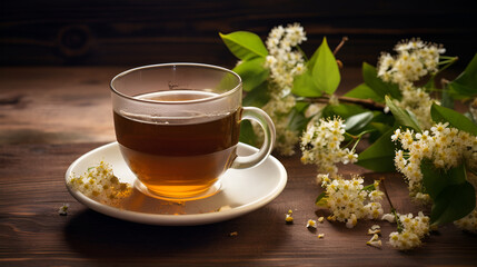 On a wooden table, a glass pot of steaming viburnum tea - obrazy, fototapety, plakaty