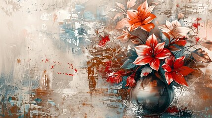 Abstract metal texture background with flowers in vase, modern painting and design elements