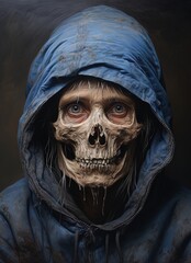 A Woman with realistic mask of a skull with a blue coat covering her head.