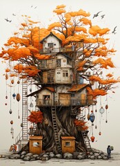 Small island with a giant tree with autumn colors, some houses, stairs and a boy playing on floor