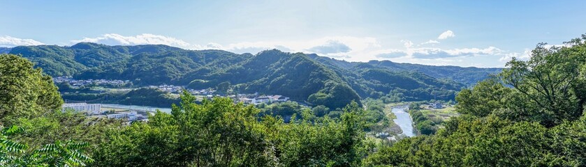 Fototapeta na wymiar 展望台から見下ろす千曲川のパノラマ情景