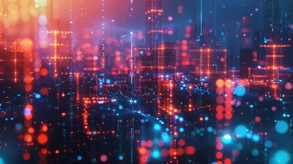 Obraz premium Futuristic cityscape with abstract geometric shapes and luminous network connections, modern 3D illustration