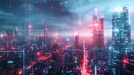 Fototapeta premium Futuristic Cityscape with Holographic Interface Elements, Sci-Fi Digital Art