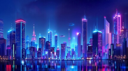 Futuristic neon cityscape at night with flying cars and towering skyscrapers