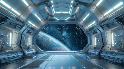 Futuristic space station interior with sleek, minimalist design and a vast starry view