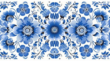 Gzhel Slavic Russian Traditional Folk Art, Seamless Floral Pattern Illustration