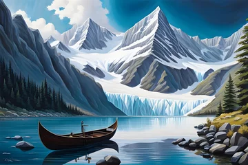 Poster beautiful landscape watercolor painting of a canoe on a reflective lake high in the snowy rocky mountains on a cold, brisk, bright winter day © EliasKelly