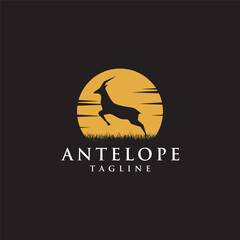Jumping antelope at the moon light logo illustration vector template on black background © DOMHOUZE