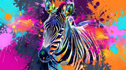 Vibrant abstract zebra artwork with dynamic splattered paint background, mixed media illustration