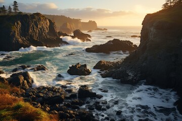 Fototapeta na wymiar Coastal cliff at sunset with waves crashing on rocks, overlooking the ocean
