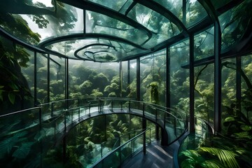 A rainforest canopy seen through a glass observation deck allows visitors to experience the lush foliage and exotic wildlife from a unique vantage point.  - obrazy, fototapety, plakaty