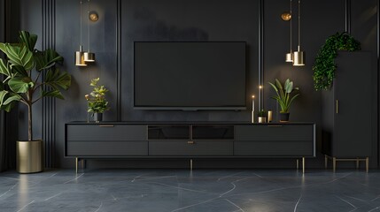 Interior mock up living room. cabinet for TV or place object in modern living room with lamp,table,flower and plant