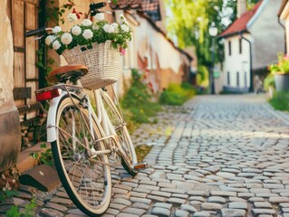 Fototapeta na wymiar Charming Vintage Bicycle with Flower Basket on a Cobblestone Street