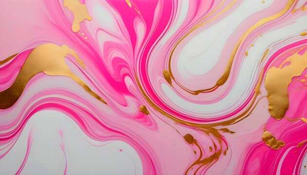 Abstract marble marbled stone ink liquid fluid painted painting texture luxury background banner - Pink petals, blossom flower swirls gold painted lines created with generative ai