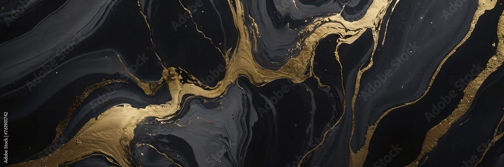 Wall mural black marble background with yellow gold veins