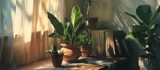 stylish indoor plant display in a clay pot on a table - obrazy, fototapety, plakaty