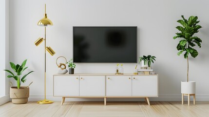 Interior mock up living room. cabinet for TV or place object in modern living room with lamp,table,flower and plant